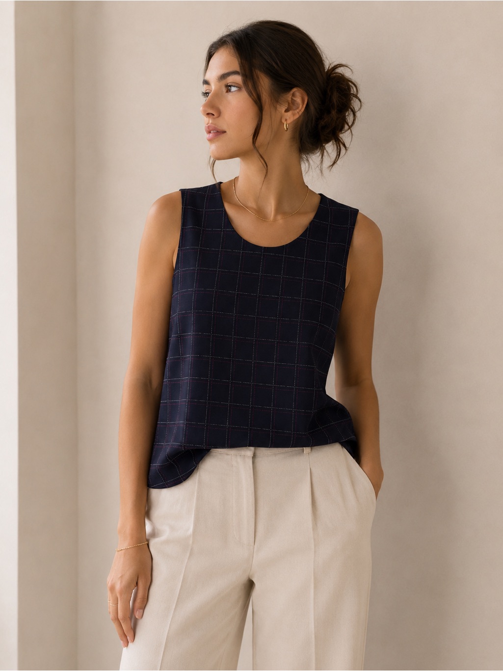 Banana Republic Navy Windowpane Sleeveless Blouse Size Extra Small